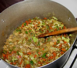 Vegetables and gravy mixed together in a pot